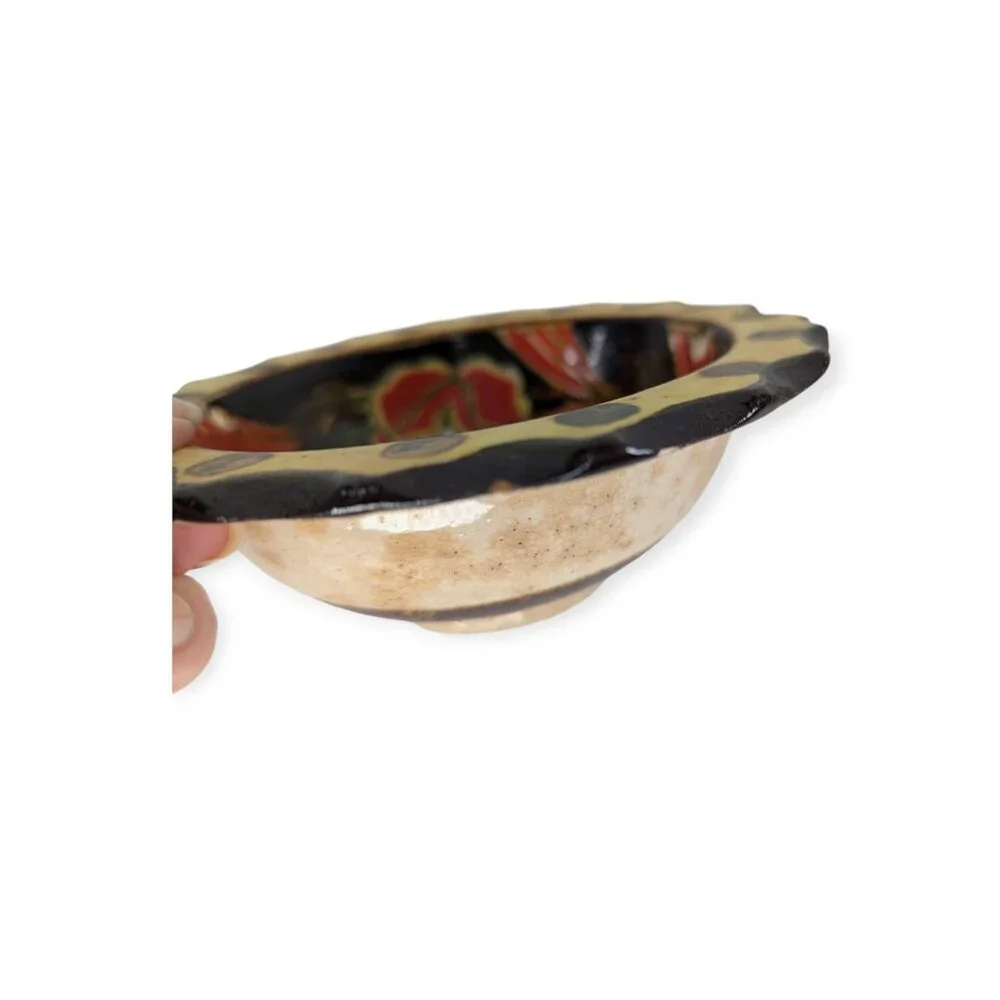 Vintage Japanese Stoneware Bowl w/ 3 Holes Noodle Bowl Ripple Rim